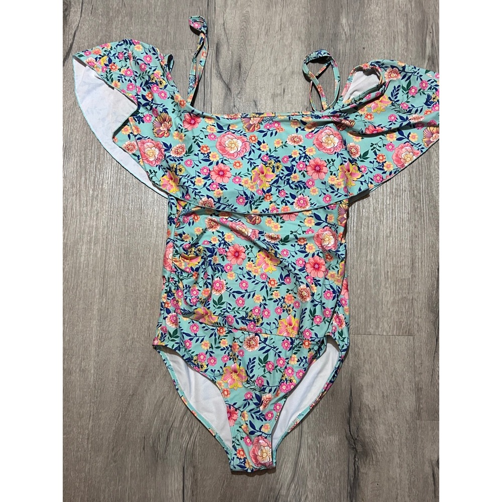 Summer Mae Floral One Piece Swimsuit Womens Small Ruffle Off Shoulder Blue